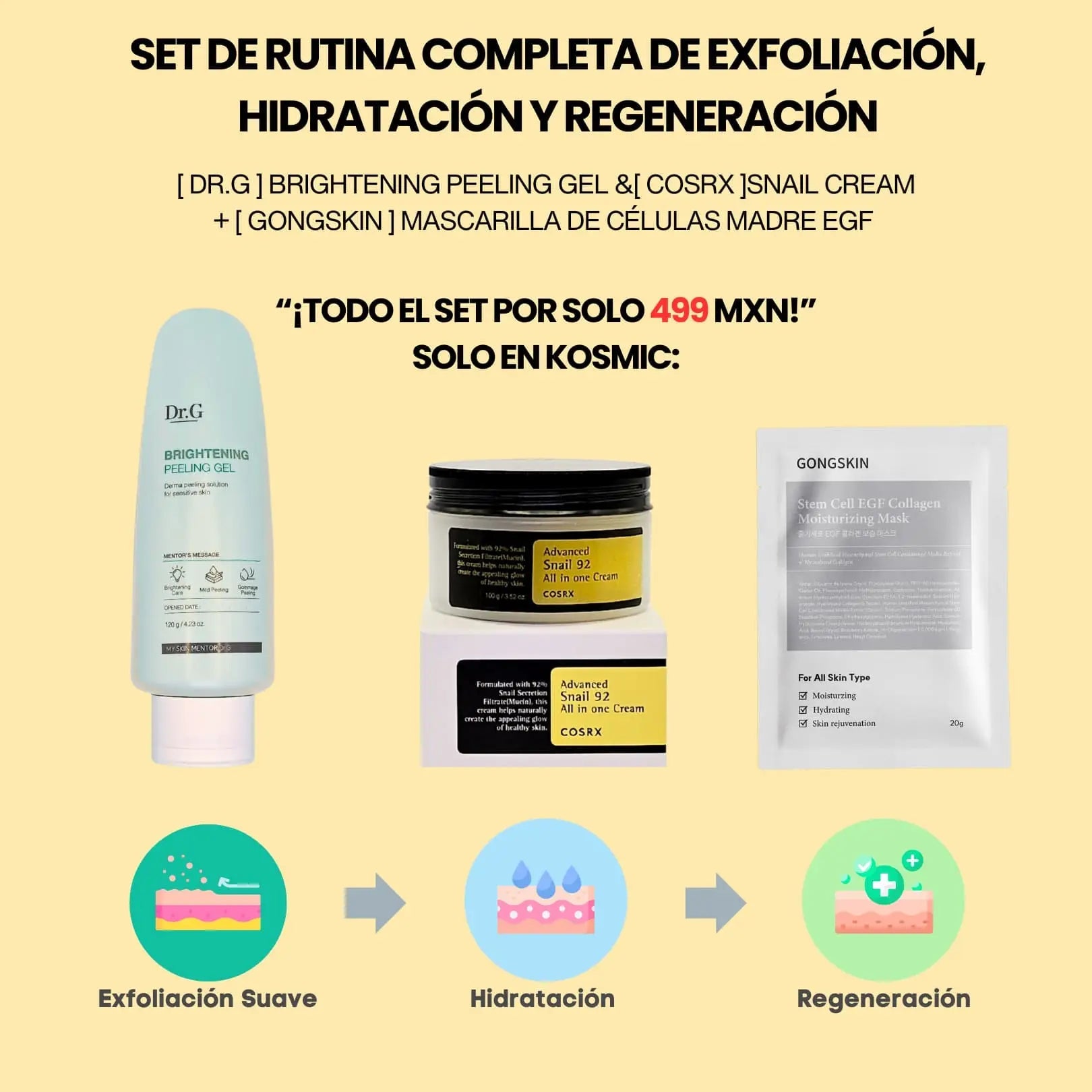 Set de Rutina de Exfoliación, Hidratación y Regeneración – Dr.G Peeling Gel + COSRX Snail Cream + GONGSKIN Mascarilla de Células Madre EGF de COSRX | Skincare disponible en kosmic